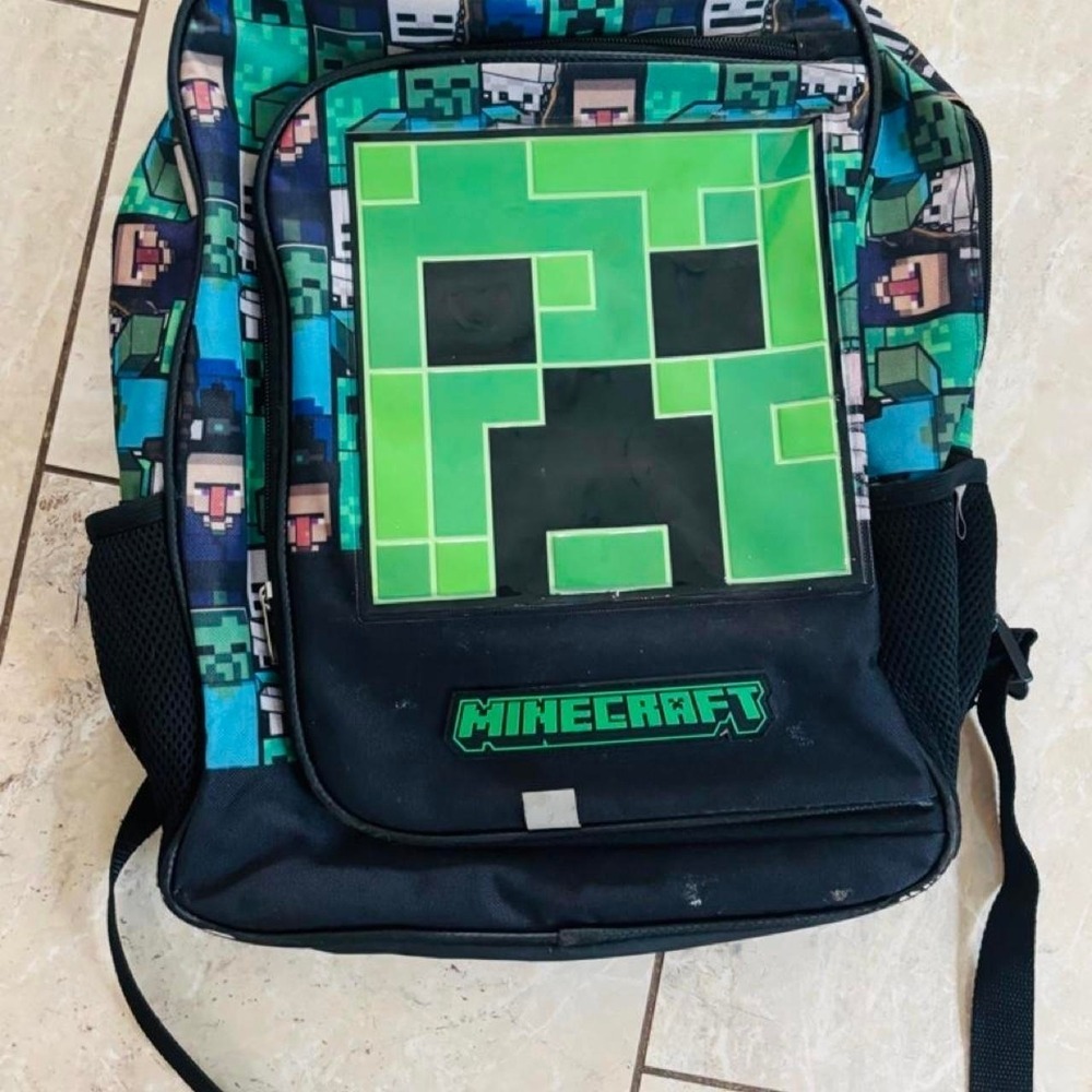 Minecraft Creeper Backpack Green Pixelated Face Gaming School Bag Mesh Pockets